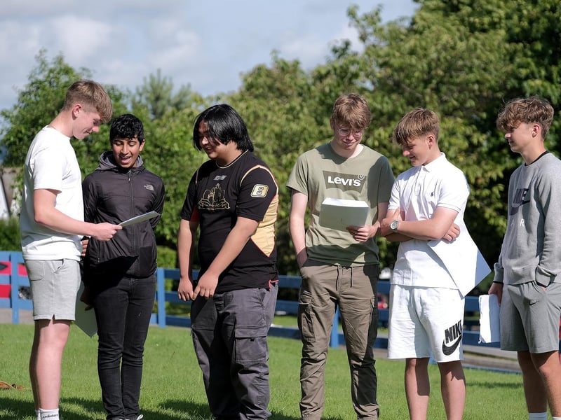 Noah Richardson, Nakul Thampi, Alexander Bacasmas, James MacDermott, Bryan Hogg, Tyson Greening discuss their results at St Augustine's School.