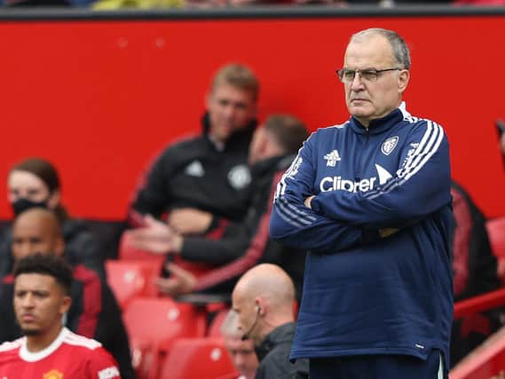 ROUGH START: For Leeds United and head coach Marcelo Bielsa, above, in Saturday's clash against Manchester United at Old Trafford which ended in a 5-1 defeat. Photo by ADRIAN DENNIS/AFP via Getty Images.