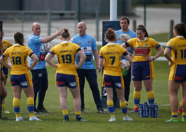 Leeds Rhinos women's team with assistant coaches David Gibbons and Anthony Gibbons. Picture: Ed Sykes/SWpix.com.