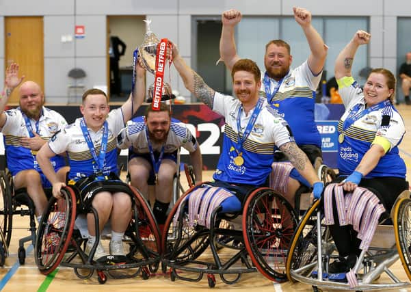 Leeds Rhinos players celebrate with the Challenge Cup trophy after their 60-28 victory over Argonauts Skeleton Army. Picture: Ed Sykes/SWpix.com.