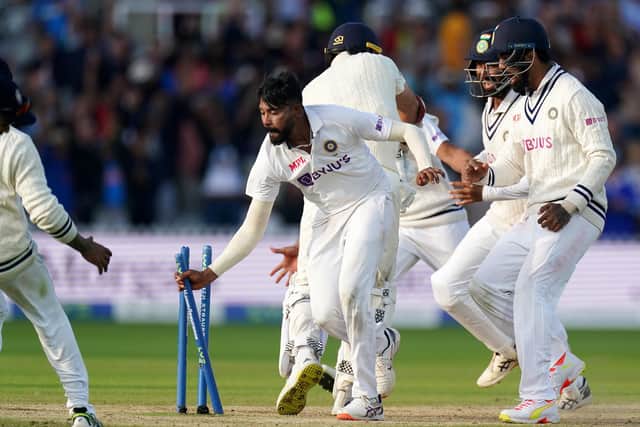 Victory spoils: India’s Mohammed Siraj, centre, celebrates taking the final wicket of England’s James Anderson to win the second Test by 151 runs at Lord’s.Picture: Zac Goodwin/PA