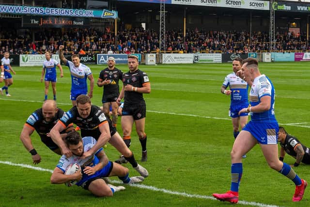 Tom Briscoe, pictured scoring at Castleford, is Rhinos' only ever-present in 2021. Picture by Bruce Rollinson.