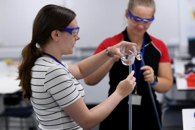 Millie Williamson and Holly Perkins in the science lab.