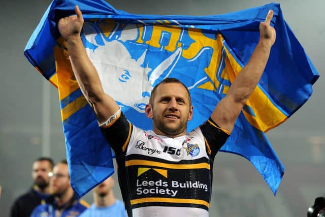 Rob Burrow celebrates Rhinos' Grand Final win in 2017. Picture by Bruce Rollinson.