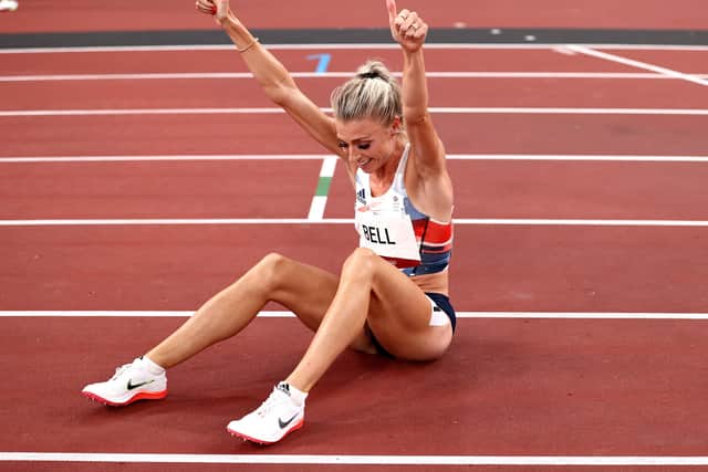 Seventh heaven: Alexandra Bell of Leeds celebrates the end of her Olympic journey, finishing seventh in the 800m final in Tokyo, five weeks after thinking her career was over. (Picture: Ryan Pierse/Getty Images)