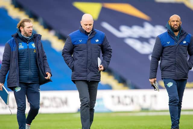 Rhinos coach Richard Agar, centre, with his assistants Sean Long, left and Jamie Jones-Buchanan. Picture by Bruce Rollinson.