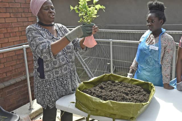 Pauline Alexis, a residents from Burmantofts, shows the group a plant during a gardening session.