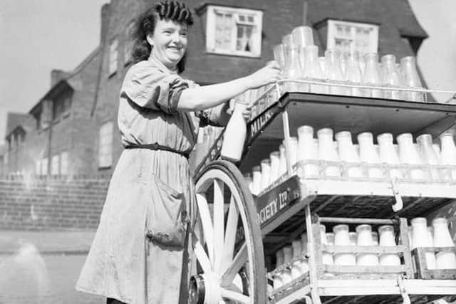 Ada Stone delivering milk, 1942. Location unknown. Copyright Leeds Libraries, Leodis.net