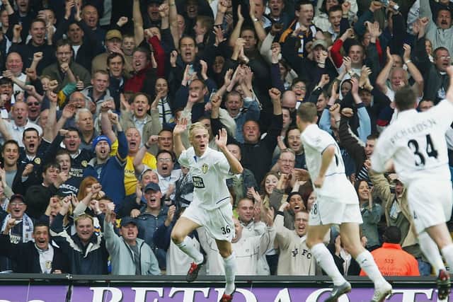 SEVENTEEN YEARS ON: Matthew Kilgallon, centre, celebrates scoring the opening goal of the 3-3 draw at home to Charlton Athletic of May 2004, Leeds United's last Premier League game in front of a capacity Elland Road crowd. Photo by Laurence Griffiths/Getty Images.
