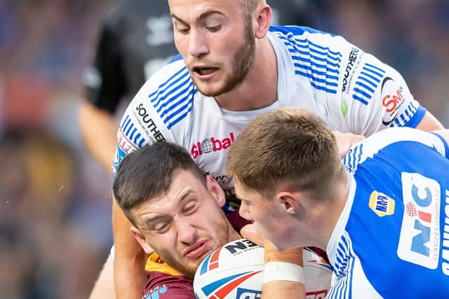 Bodene Thompson believes young players such as Morgan Gannon, right, and Jarrod O’Connor, top, can be key to Leeds Rhinos’ play-off push. Picture: Allan McKenzie/SWpix.com.
