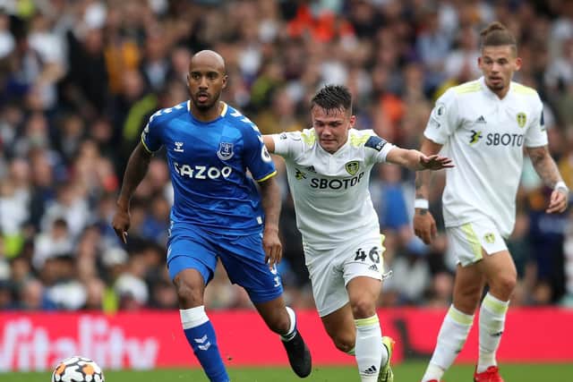 BACK WHERE IT BEGAN: Everton's former Leeds United midfielder Fabian Delph, left, being chased by Jamie Shackleton, centre, as Kalvin Phillips, right, looks on in Saturday's 2-2 draw at Elland Road. Photo by Jan Kruger/Getty Images.
