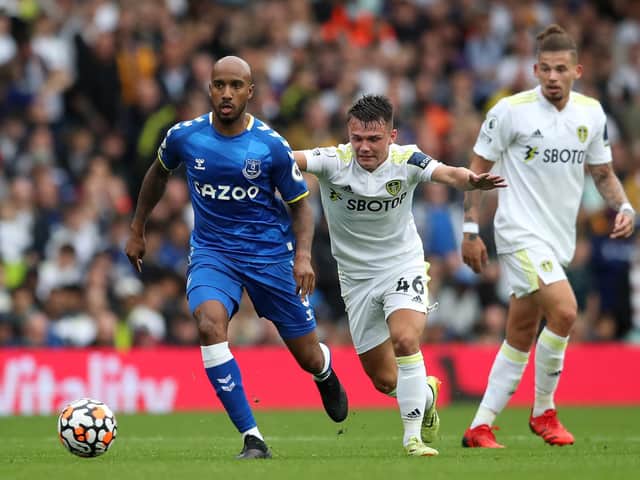 BACK WHERE IT BEGAN: Everton's former Leeds United midfielder Fabian Delph, left, being chased by Jamie Shackleton, centre, as Kalvin Phillips, right, looks on in Saturday's 2-2 draw at Elland Road.  Photo by Jan Kruger/Getty Images.