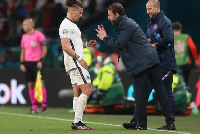 FAITH: Placed in Leeds United midfielder Kalvin Phillips, left, by England boss Gareth Southgate, right, pictured during the Euro 2020 final against Italy at Wembley. Photo by Carl Recine - Pool/Getty Images.