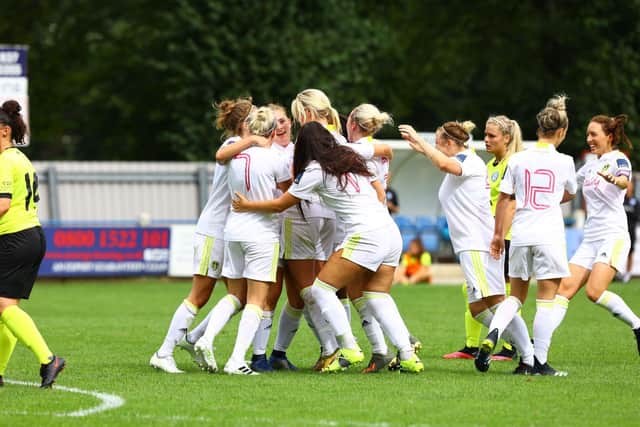 Leeds United Women celebrate winning goal v Stockport at the Global Stadium.