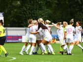Leeds United Women celebrate winning goal v Stockport at the Global Stadium.