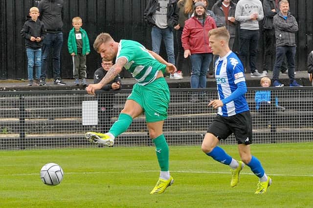 Tyler Walton opens the scoring for Farsley Celtic against Chester. Picture: Steve Riding.