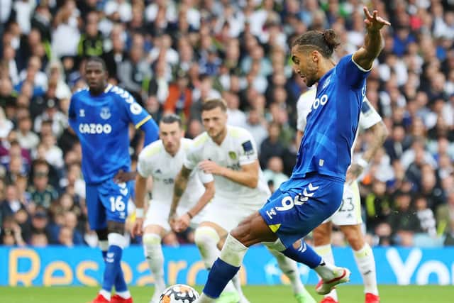 CAULDRON OF NOISE: Dominic Calvert-Lewin fires Everton in front from the penalty spot in Saturday's 2-2 draw against Leeds United at an extremely loud Elland Road. Photo by Jan Kruger/Getty Images.