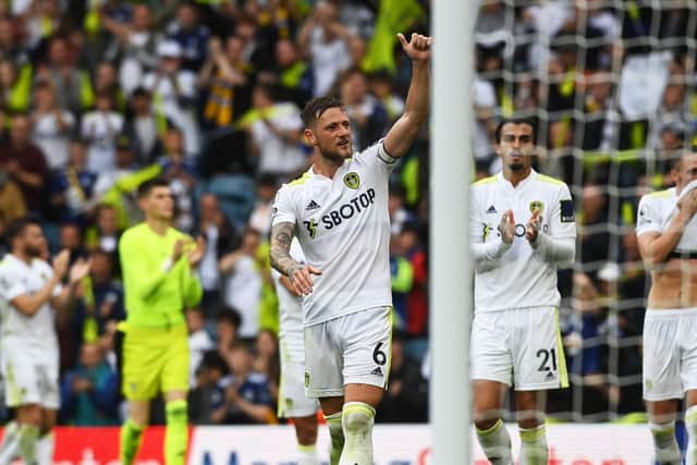 MISSED YOU: Captain Liam Cooper salutes Leeds United's fans in the Elland Road stands after Saturday's 2-2 draw against Everton. Picture by Jonathan Gawthorpe.