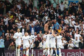 Leeds United players celebrate Mateusz Klich's equaliser against Everton.