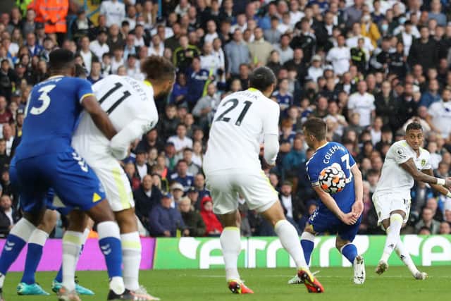 Raphinha scores against Everton.