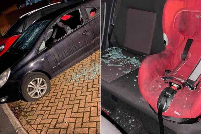Pictures show glass shattered over a children's car seat and extensive damage to the vehicle