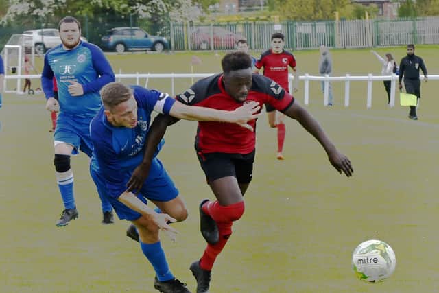 Gibril Bojang, right, was among the scorers in Horbury Town's 4-0 West Yorkshire League Premier Division win over Boroughbridge First. Picture: Steve Riding.