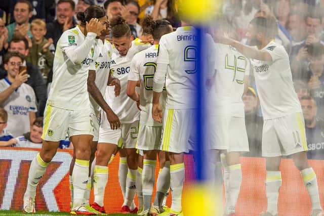 BREAKTHROUGH: Leeds United celebrate finally breaking the deadlock against Crewe through captain Kalvin Phillips. Picture by Bruce Rollinson.