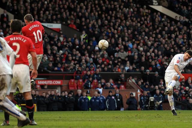 Robert Snodgrass takes a free kick which hit the crossbar during the FA Cup third around clash against Manchester United at Old Trafford in January 2010.