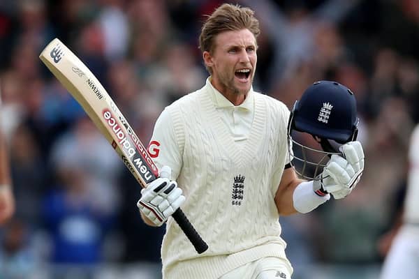 England's Joe Root celebrates reaching his century at Headingley. Picture: PA.