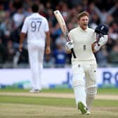 England's Joe Root celebrates reaching his century at Headingley. Picture: Nigel French/PA