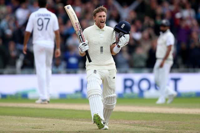 England's Joe Root celebrates reaching his century at Headingley. Picture: Nigel French/PA