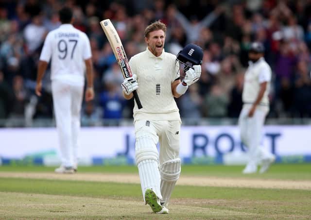 England's Joe Root celebrates reaching his century at Headingley. Picture: Nigel French/PA