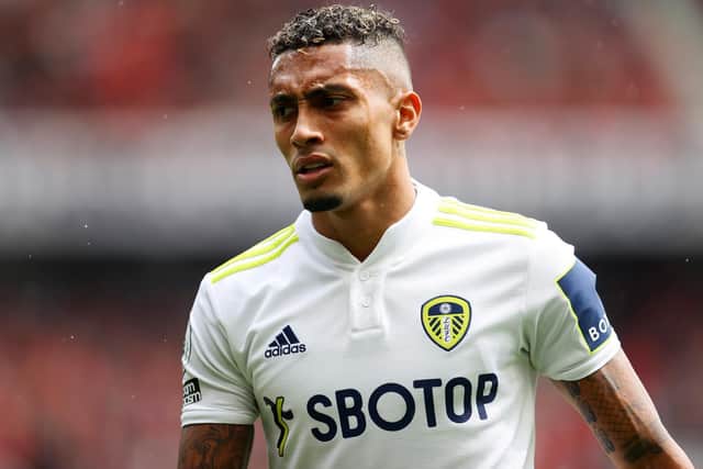 HUGE SCARE: For Leeds United winger Raphinha, above, following his injury suffered at Manchester City following a challenge from Fernandinho. Photo by Catherine Ivill/Getty Images.