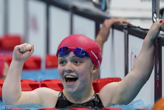 INSPIRING: Maisie Summers-Newton celebrates after winning the Women's 200m Individual Medley SM6 Picture: Bob Martin/AP
