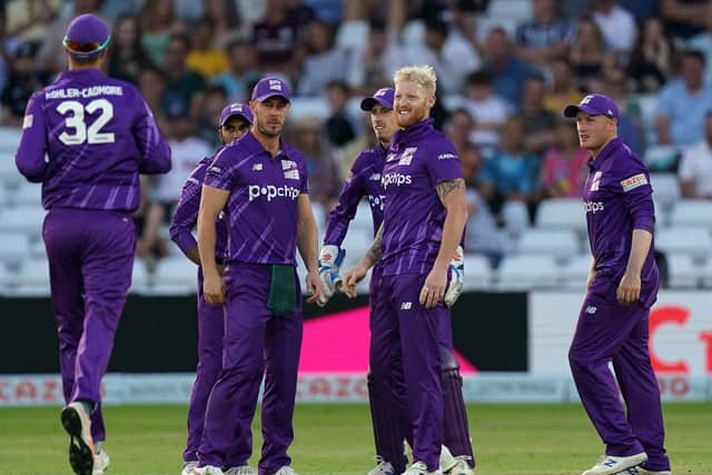 Northern Superchargers' Ben Stokes (centre) celebrates with team-mates after taking the wicket of Trent Rockets' Tom Moores at Trent Bridge Picture: Tim Goode/PA