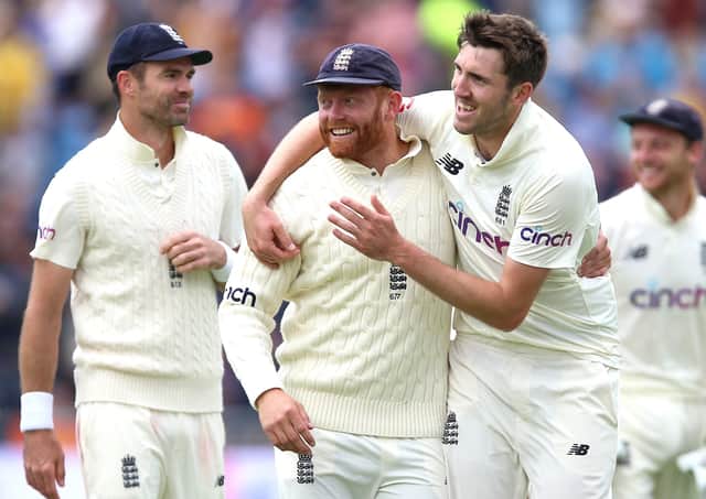 England's Jonny Bairstow (centre) celebrates catching the ball of India's KL Rahul with Craig Overton. Pictures: PA.