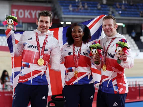 GOLDEN  TRIO: Jody Cundy, Kadeena Cox and Jaco van Gass of Team Great Britain react after winning the gold medal in the Mixed C1-5 750m Team Sprint track cycling. Picture: Getty Images.