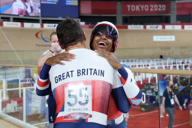 FEELING CHAMPION: Jaco van Gass and Kadeena Cox of Team Great Britain react after winning the gold medal in the Mixed C1-5 750m Team Sprint track cycling. Picture: Getty Images.