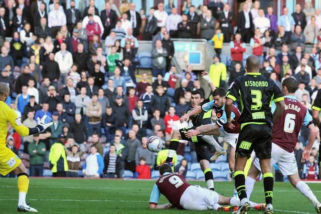 LATE DOUBLE: Robert Snodgrass, back middle, fires home an 89th-minute winner to complete a quickfire brace that gave Leeds United a 2-1 victory at Burnley back in November 2011. Picture by Bruce Rollinson.
