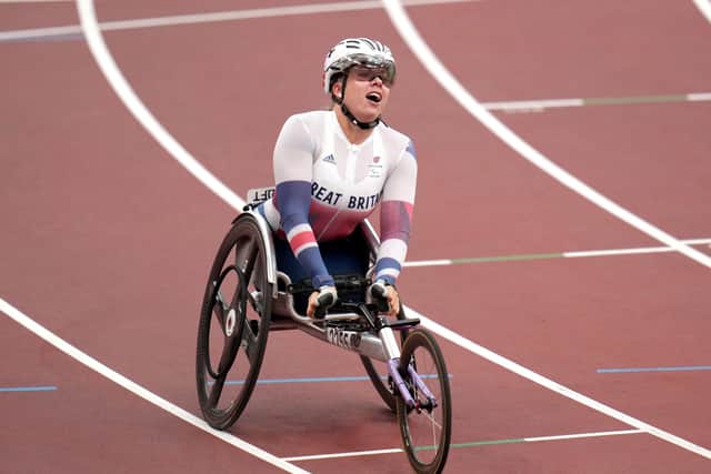 MAXIMUM EFFORT: Hannah Cockroft celebrates winning the  Women's 100 metres - T34 final at the Olympic Stadium in Tokyo. Picture: Tim Goode/PA