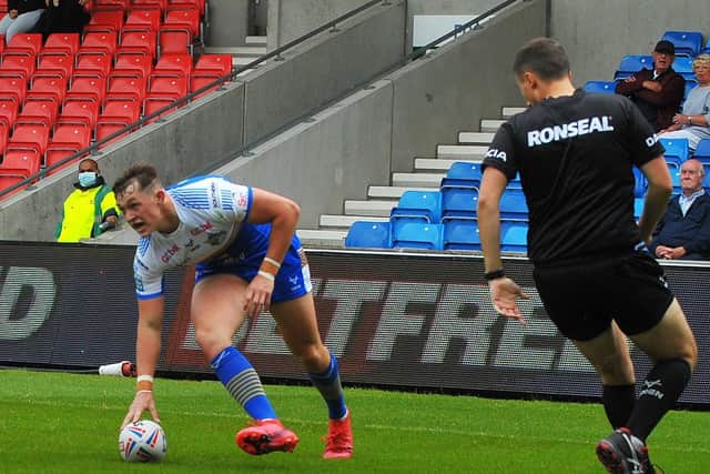 Jack Broadbent scores in Leeds' mid-season win at Salford. Picture by Steve Riding.;