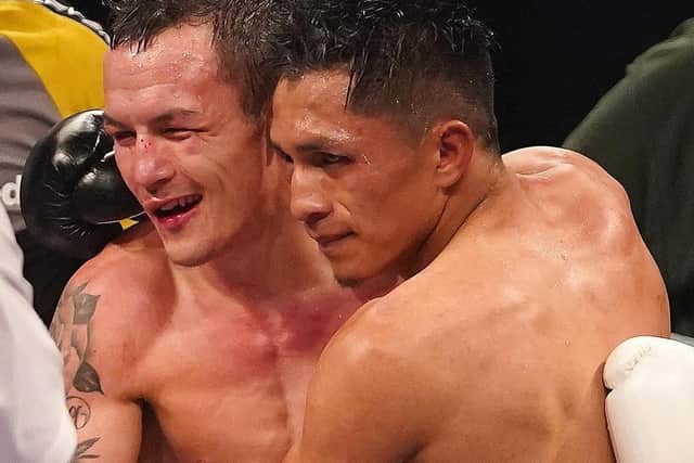 Josh Warrington is consoled by Mauricio Lara after their featherweight contest in February. Picture: Dave Thompson Matchroom Boxing.