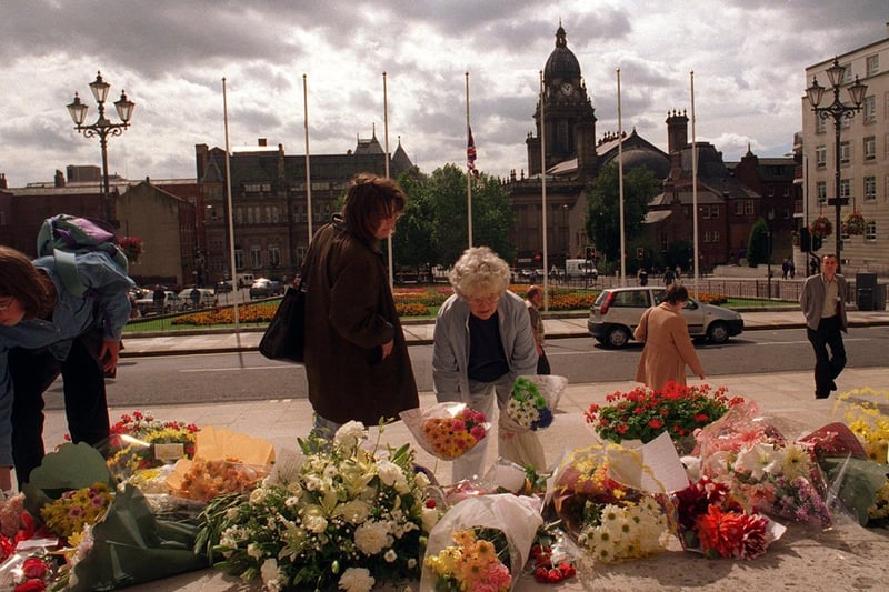 With the Union flag at half mast Leeds residents lay floral tributes to Diana, Princess of Wales on the steps of the Civic Hall.