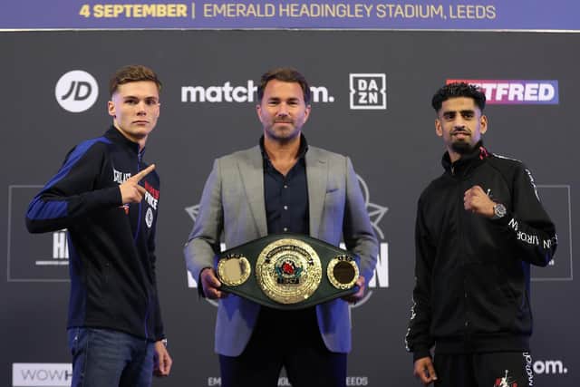 LEEDS LADS: Hopey Price, left, and Zahid Hussan, right, will do battle for the IBO international title, pictured with promoter Eddie Hearn, on Saturday night. Picture: Mark Robinson/Matchroom Boxing