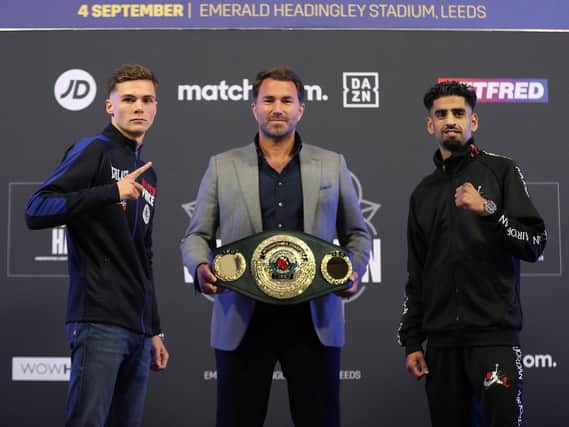 LEEDS LADS: Hopey Price, left, and Zahid Hussan, right, will do battle for the IBO international title, pictured with promoter Eddie Hearn, on Saturday night. Picture: Mark Robinson/Matchroom Boxing