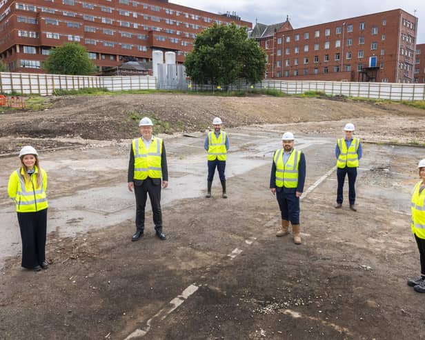 Pictured, left to right, in the handover of the pathology site to the Trust are: Emma Cochrane, Senior Project Manager with Arcadis; Simon Worthington, Director of Finance and Senior Responsible Officer for Building the Leeds Way; Mike Philpott, General Manager for Pathology; Mark Riley, Commercial Director for Connell Brothers; Connor Ryan, Operations Manager for Connell Brothers; Emma Storey, Building the Leeds Way CSU Project Manager.