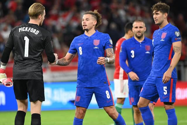 Leeds United's Kalvin Phillips with his England team-mates. (Photo by ATTILA KISBENEDEK/AFP via Getty Images)