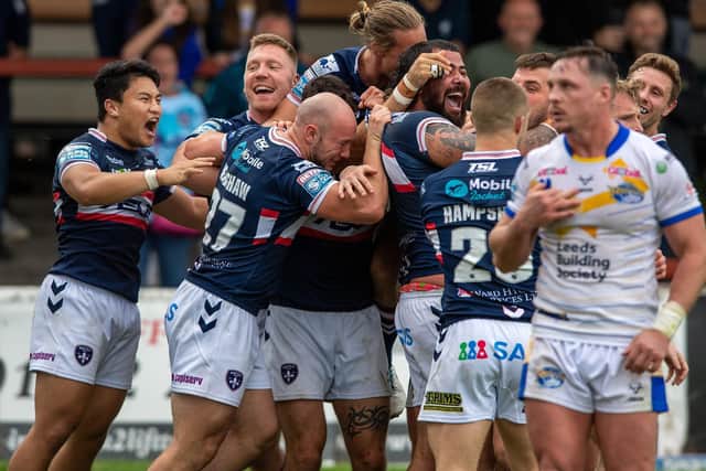Monday's defeat at Wakefield left Donaldson, right and his Rhinos teammates shellshocked. Picture by Bruce Rollinson.
