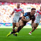 Niall Evalds scores in Tigers' Wembley loss to St Helens. Picture by Bruce Rollinson.