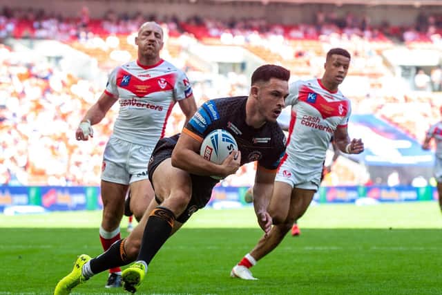 Niall Evalds scores in Tigers' Wembley loss to St Helens. Picture by Bruce Rollinson.